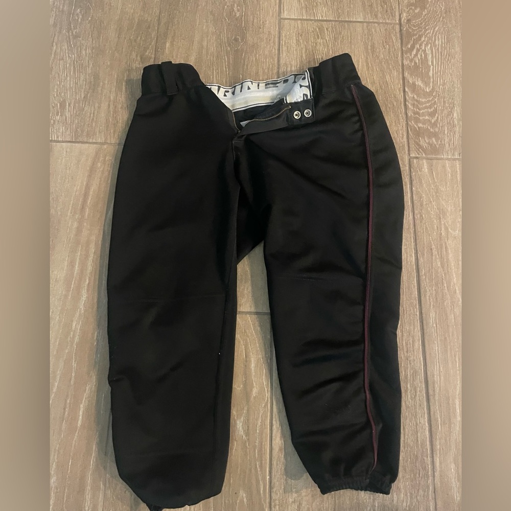 Demarini black softball pants with maroon stripe